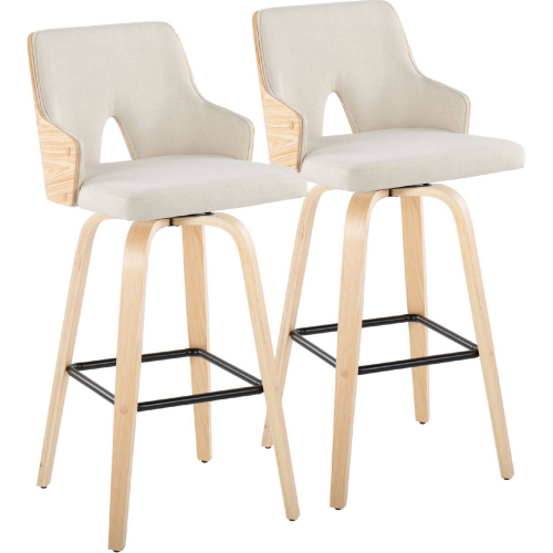 Stella 30" Swivel Bar Stool in Natural Wood, Cream Fabric & Black Footrest (Set of 2)
